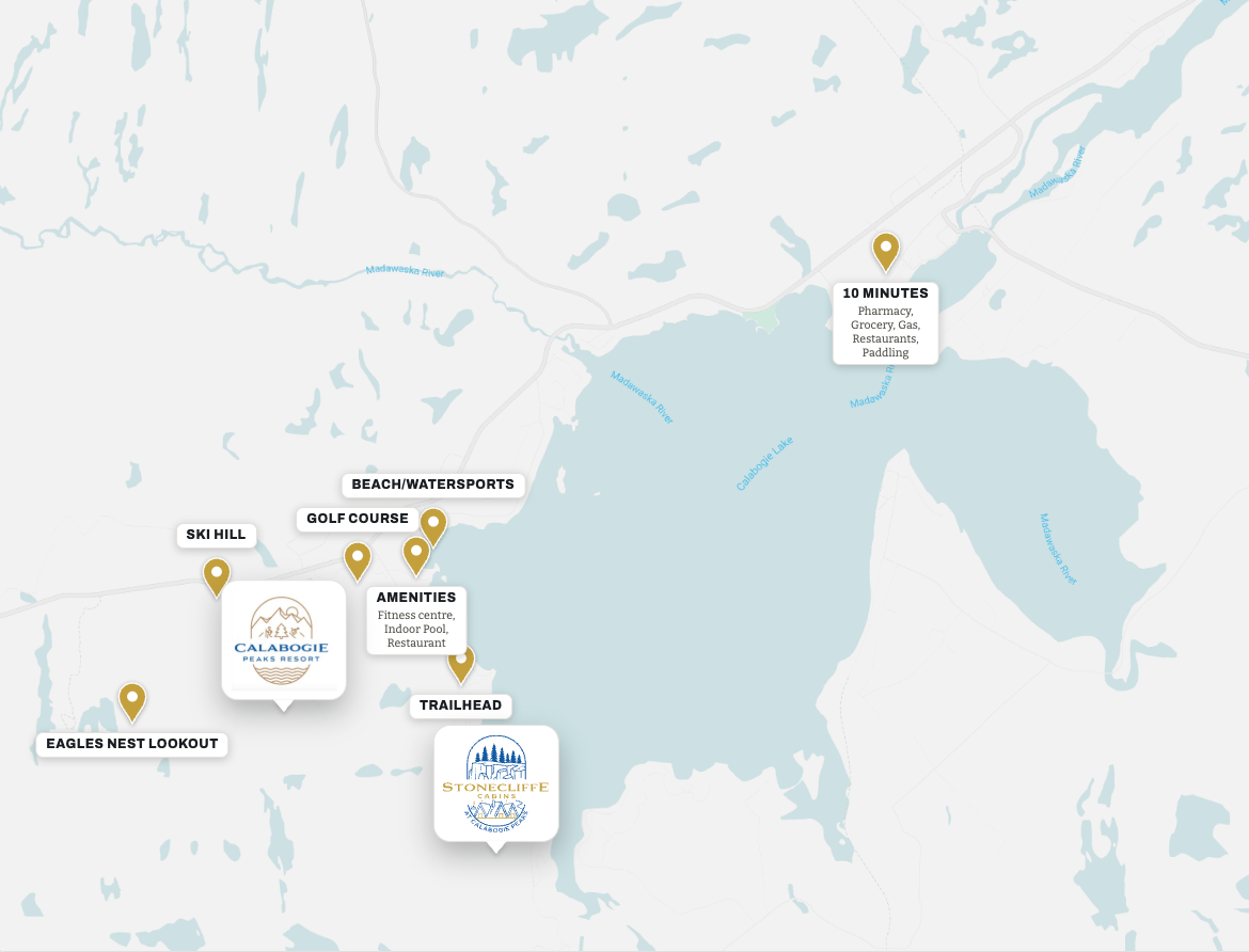 Map of the Calabogie Lake area showing Stonecliffe Cabins, the resort, ski hill, golf, beach, trailhead and nearby amenities